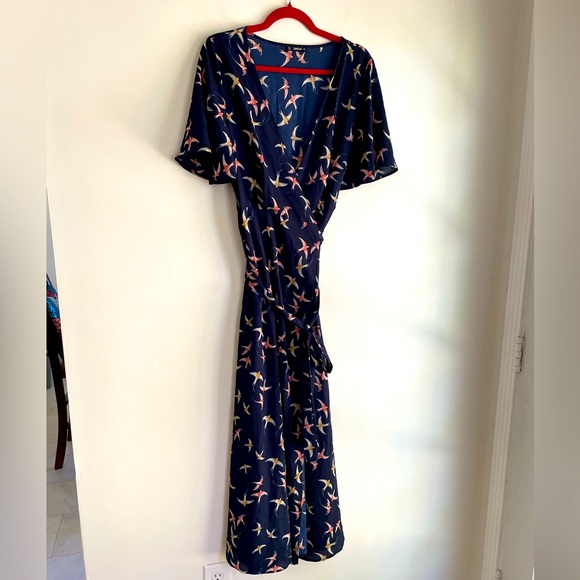 Navy Wrap Dress with Bird Print - Picture 1 of 5